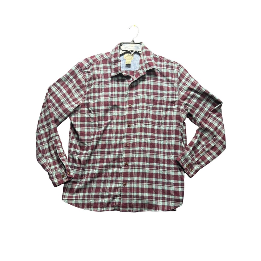 LL Bean Button Up Shirt Mens M Burgundy Plaid Traditional Fit Cotton Blend